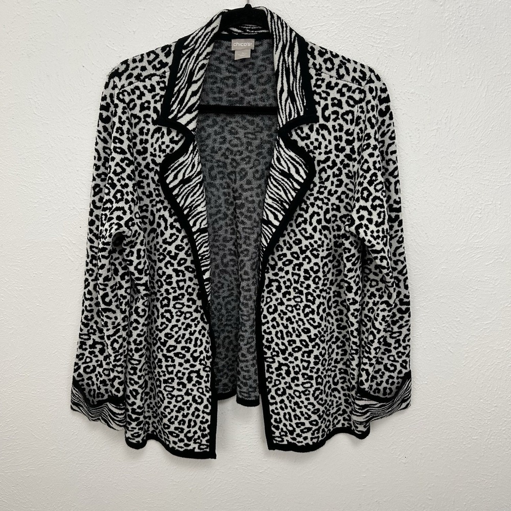 Chico's Black White Open Front Cheetah Print Sweater Blazer Cardigan Size 3 (XL) - Picture 2 of 11